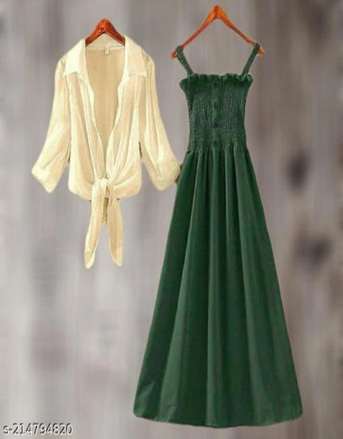 TSS Poly Crepe Dress for Women (Green & White, S)